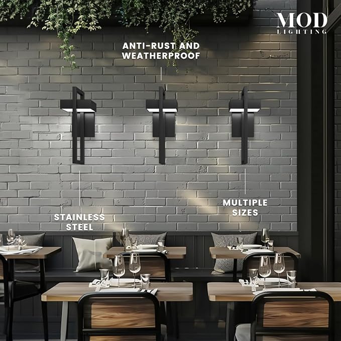𝗠𝗢𝗗 𝗟𝗜𝗚𝗛𝗧𝗜𝗡𝗚 Terri | Modern Outdoor Wall Lights LED 10W, Exterior Wall Sconce Lights, Stainless Steel Outdoor Light Fixture, Waterproof IP65, 1 Pack (Black | Warm White 3000K | Small 14")