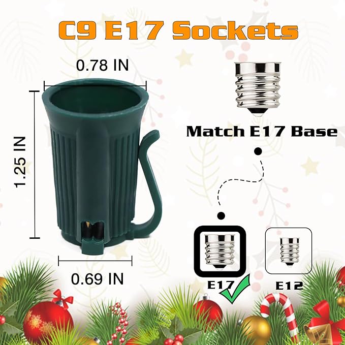 25FT C9 Light String Christmas Stringer, E17 C9 Light Sockets 12" Spacing, C9 Stringer Set Green Outdoor String Light Strand for Wedding Patio Event Lighting Decor, Green Wire