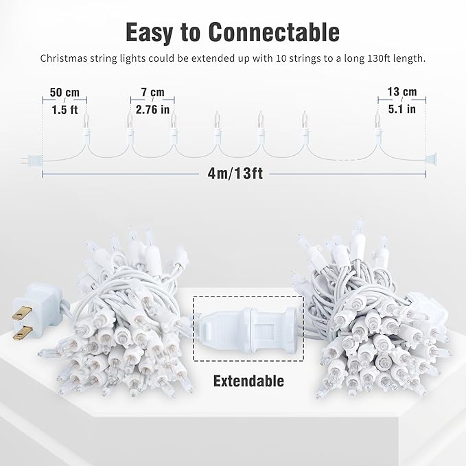 Hopolon Clear Christmas Lights Set,2Pack 50Count 13Feet Incandescent Bulb Mini String Lights with White Wire for Indoor Christmas Tree Garland Birthday Wedding Party Festival Decoration,Warm White