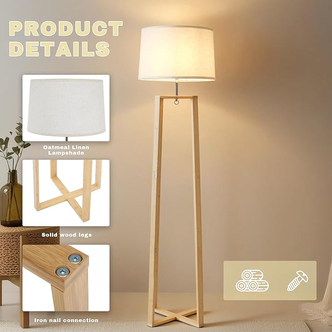 66" Bamboo Corner Floor Lamp with Linen Shade, Boho Rustic Standing Lamp for Living Room Bedroom Office, Modern Natural Tall Floor Lamp with E26 Base