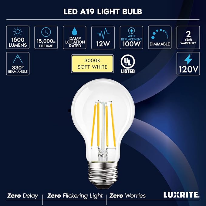 LUXRITE Vintage A19 LED Light Bulbs 100 Watt Equivalent, 1600 Lumens, 3000K Soft White, Dimmable Edison Light Bulbs, 12W, Damp Rated, UL Listed, Clear Glass Filament Bulb, E26 Medium Base (4 Pack)