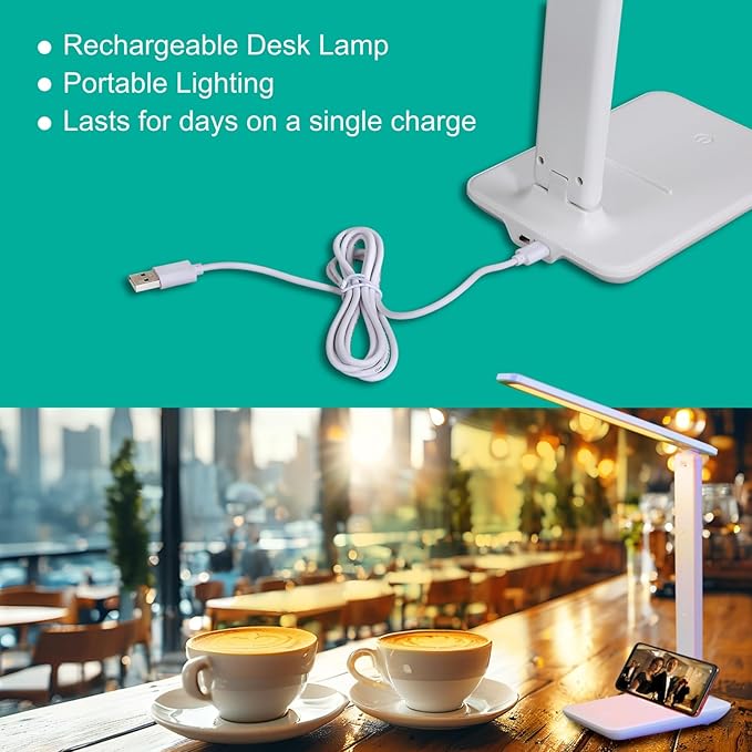 WOOST Cordless Desk Lamp, Small Desk Lamp, LED Rechargeable Travel Desk Light, Portable, Eye-Friendly, Foldable, Wireless Table Lamp with 3 Color Modes, Touch Control, Dimmable, Nail Light for Desk