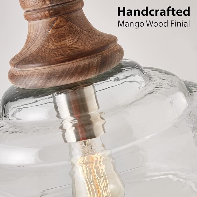Capital Lighting 330318GY Julian Coastal Style Clear Organic Rippled Glass Pendant with Handcrafted Mango Wood Finial, 1-Light 60 Watt, 16" H x 14" W, Grey Wash