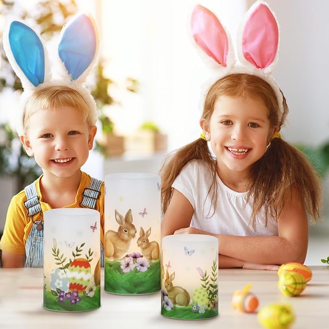 Eldnacele Easter Bunny Flameless Flickering Candles with 6H Timer Battery Operated Real Wax Candles Easter Eggs Lilies Rabbits Home Decor 4”5”6”H (3”D)
