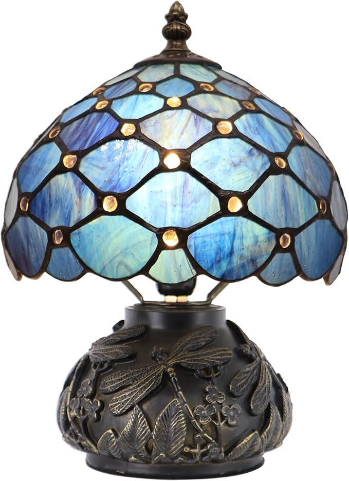 Small Tiffany Mushroom Table Lamp,Mini Memory Sympathy Antique lamp 8X11 Inch (Blue Beads)