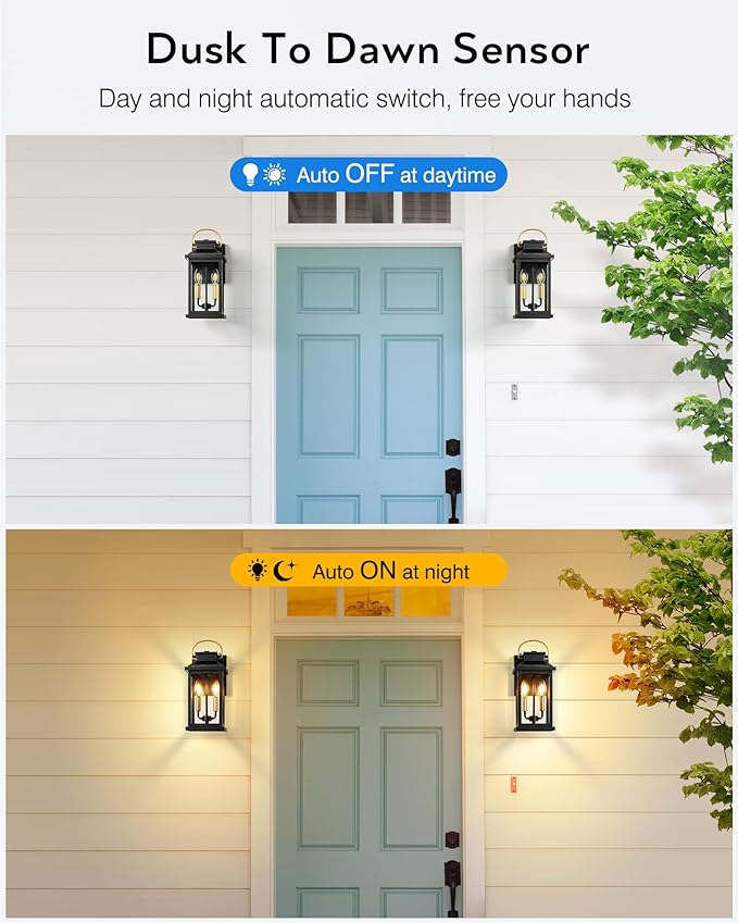 VIANIS Large Porch Lights Outdoor Dusk to Dawn, Black Gold Accents Exterior Lighting Fixtures Wall Mount for House, Modern Outdoor Sconces Wall Lighting for Patio, Waterproof Coach Lights for Garage
