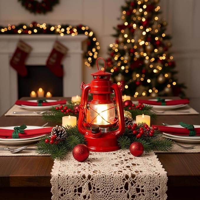 Hortsun 8 Pcs 8 Inch Vintage LED Hurricane Lantern Metal Red Outdoor Battery Operated Hanging Lantern with Warm LEDs and Dimmer Switch for Halloween Christmas Indoor Rustic Farmhouse Camping Decor