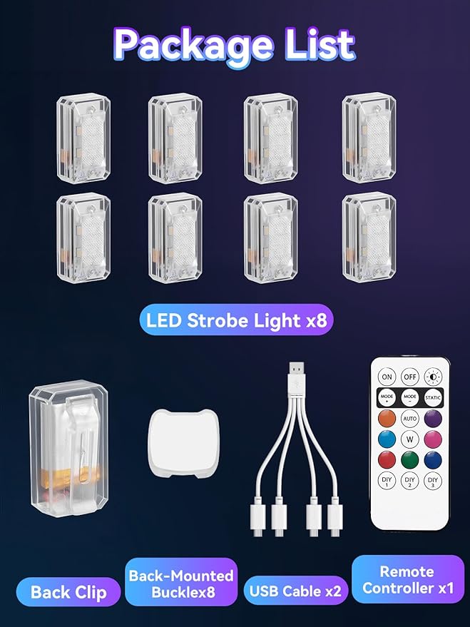 Asunder 8PCS Upgraded 500mAh Wireless LED Strobe Lights with Remote,8-Color Waterproof Rechargeable Emergency Lights with 11 High-Brightness LEDs for Cars,Motorcycles,Bikes,Drones&Aircraft