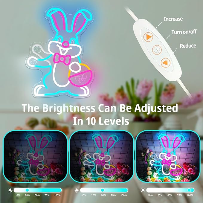 Easter Neon Sign Waving Bunny Neon Light Dimmable Spring Rabbit with Egg Basket Led Sign Easter Light Up Window Decorations Happy Easter Sign for Home