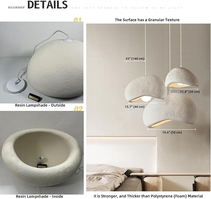 Scandinavian Pendant Lights Kitchen Island Beige White Concrete Cement Look Pendant Light Dome Hanging Lamp Wabi Sabi Chandelier - Medium