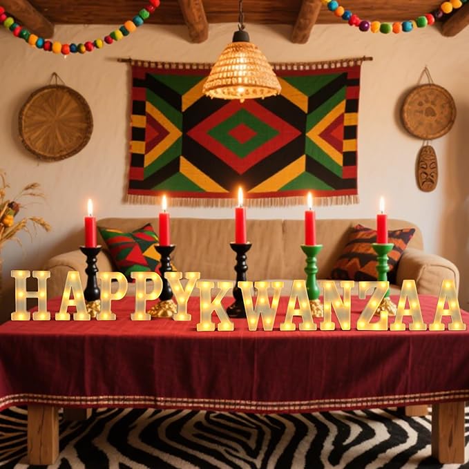 11 Pcs Happy Kwanzaa Large LED Letter Sign LED Lights Battery Powered Table Decorations for Party Favor Light Centerpiece Tabletop Decoration
