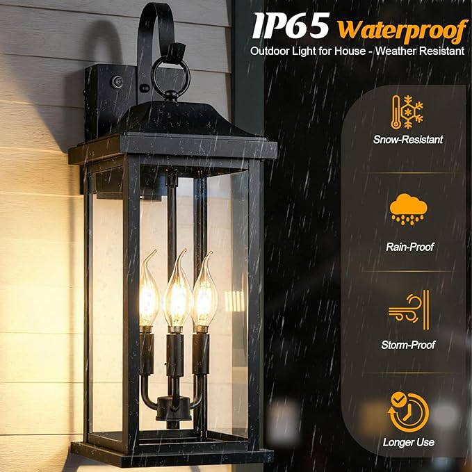 23 Inch GFCI Outlet Dusk to Dawn Outdoor Light for House, Photocell Exterior Lighting Fixture with Receptacles Extra Large Porch Light with Plug Matte Black Outdoor Wall Sconce Light Garage