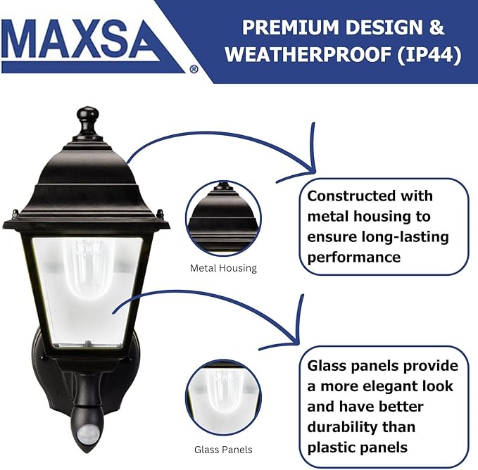 Maxsa 44219 Premium Wireless Battery-Powered Motion-Activated Decorative Outdoor Wall Sconce Lighting Fixture, Cool White LED, Metal Housing, Black (Pack of 4)
