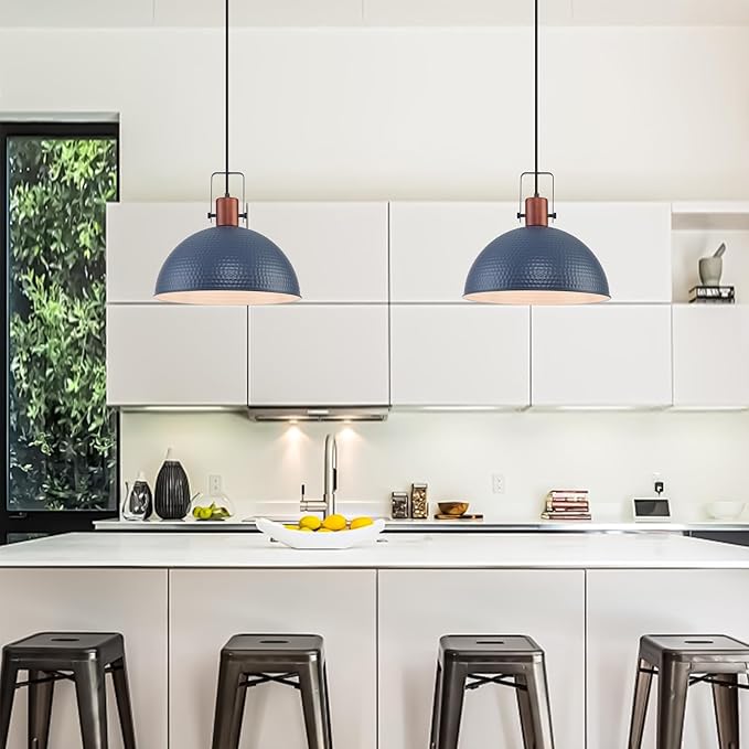 16 Inch Blue Pendant Lights Hammered Matte Pendant Lights for Kitchen Island Industrial Farmhouse Adjustable Height Dome Hanging Light Fixtures for Barn, Dining Room 1 Pack