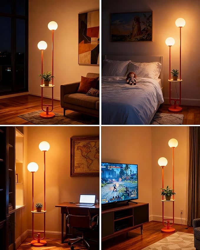 Lightdot 63IN Orange Floor Lamp with U Pole, 2 Globe Mid Century Standing Lamps with Bulbs Included, Unique Vintage Dimmable Tall Floor Lamp for Living Room/Wedding/Party/Sofa Beside/Corner Decor