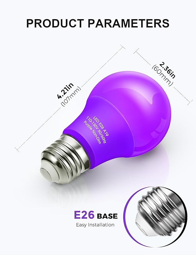 Purple Light Bulbs,4 Pack LED A19 Black Light Bulbs 9W (60 Watt Equivalent) E26 Base Party Decoration, Porch, Home Lighting, Holiday Lighting, Decorative Illumination Purple LED Bulb