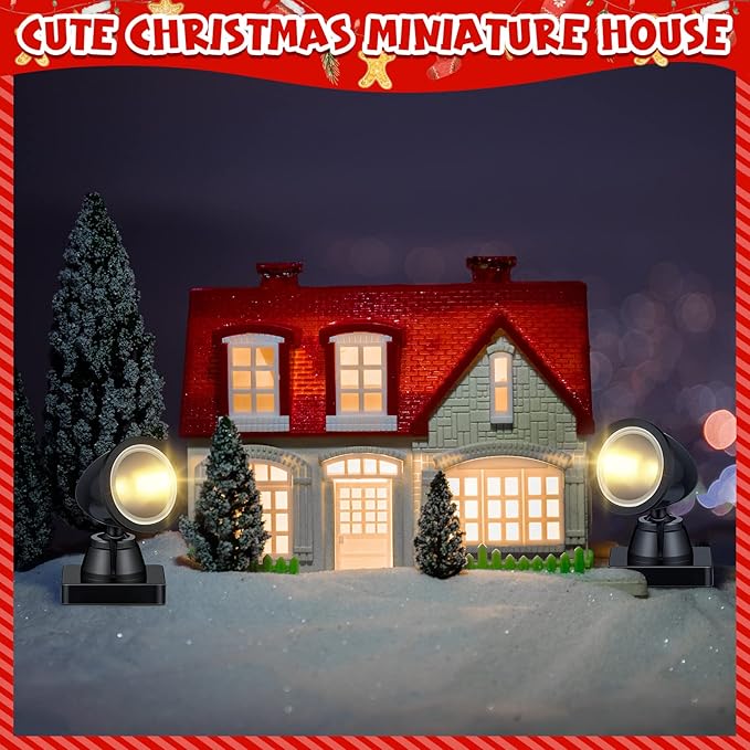 Kingdder 4 in 1 Accessories for Villages Building Light Christmas Village Collection Round Spotlights Battery Operated LED Light with Switch for Christmas Landscape(Warm White,4 Pcs)