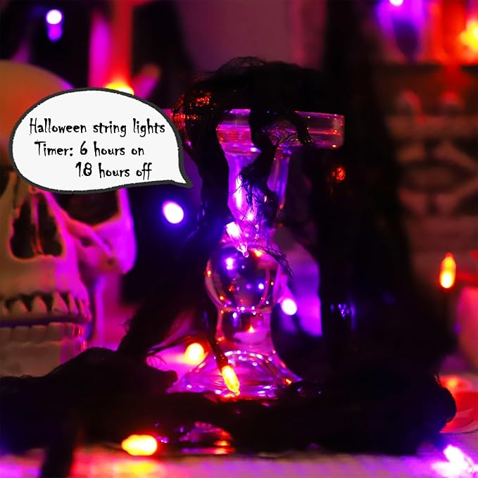 YAOZHOU Halloween Decorations String Lights Orange and Purple Indoor 30LED with Black Gauze Timer, 8 Mode Battery Operated 9.9Ft Creepy Cloth Spooky Lights, Gothic Party Room Decor (2Pack)