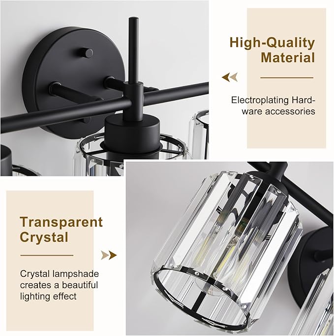 4 Light Round Crystal Vanity Lights, Modern Black Crystal Wall Light Bath Mirror Light Fixture Over Mirror Bathroom Wall Sconces for Bathroom Living Room