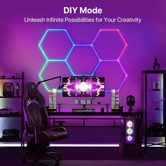 HYPERLITE Hexagon Garage Lights: 5 Grid RGB Hexagon LED Lights with Music Sync Mode, App & Remote Control, Multi-Color Honeycomb Light for Gaming Room, Gym, Garage
