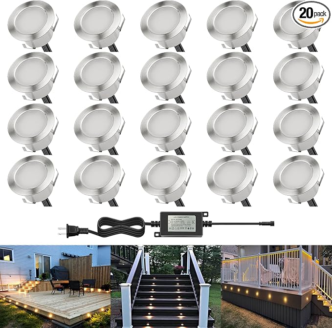 LED Outdoor Deck Lights Kits, Φ1.77in Warm White 20 Pack Silver, Low Voltage 12 Volt DC IP67 Waterproof, Electric Wired Recessed Outside Stair Step Riser Landscape Lighting for Exterior Yard
