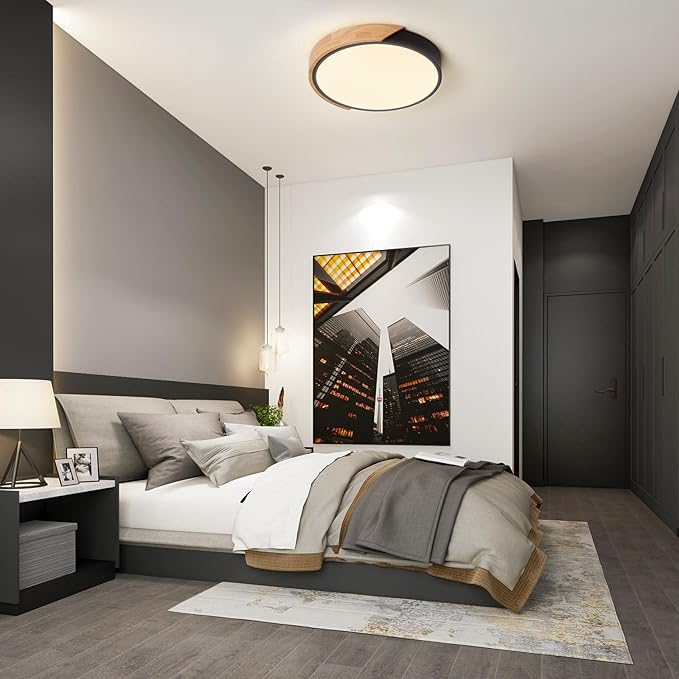 LED Ceiling Lights, 12 Inch Black Modern Flush Mount Lighting Fixture,Round Shaped Wood Ceiling Lighting,30W,3000K Warm Light
