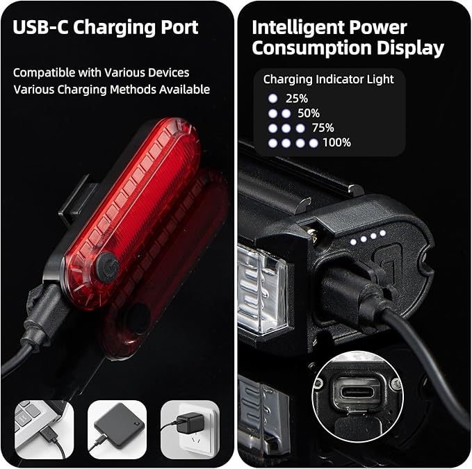 Super Bright 6 LED Bike Lights for Night Riding, 5 Lighting Modes USB Rechargeable Bicycle Lights with IPX5 Waterproof, High Lumens Bike Lights for Adult Cyclist Bike Headlight and Tail Light Set