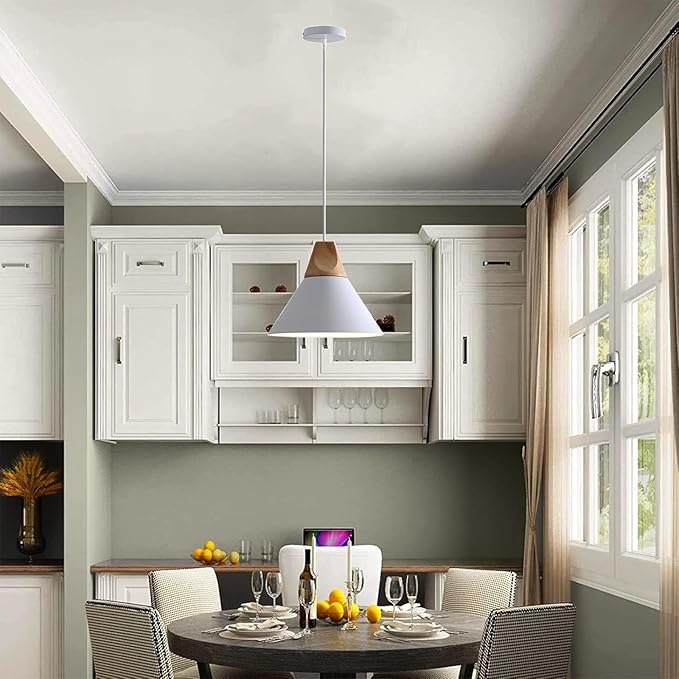 Modern Pendant Lights Kitchen Island,Solid Wood Matte White Ceiling Hanging Lamp,Pendant Lighting for Dining Room Coffee Bar (White-3 Pack)