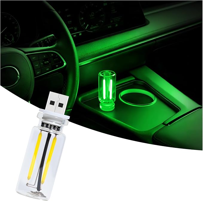Car USB Night Light Touch Dimmable - 1-Pack Retro LED Filament Lamp for Truck Interior, Bedroom & Camping | Glass Bottle Ambiance Lighting (Green)