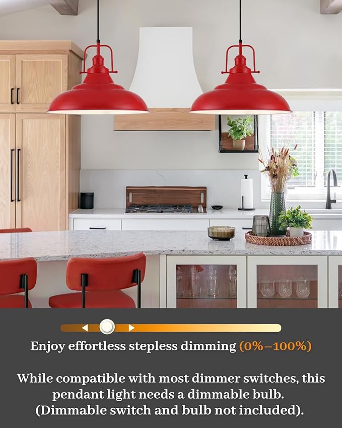 Red Pendant Light, 16 Inch Large Industrial Pendant Lights, Matte Red Pendant Lights Kitchen Island, Vintage Farmhouse Pendant Light for Kitchen Island, Dining Room, Hallway (1 Pack)