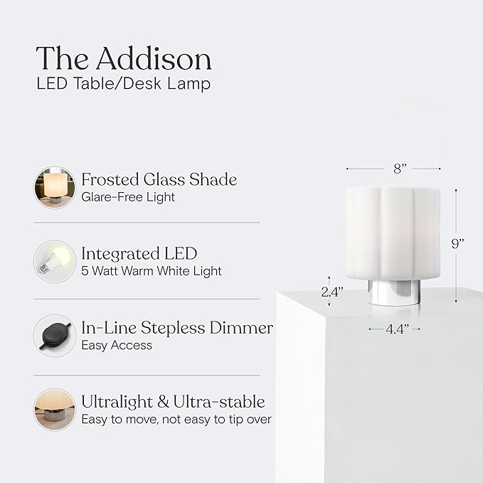 Brightech Addison LED Table Lamp – 9” Small Modern Desk Light with Fluted, Frosted White Glass Shade, Chrome Metal Base - Warm Ambient Light, Decorative Ambient Lamp for Bedroom, Living Room, Bedside