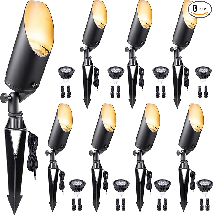 Gardenreet Brass Spot Light Low Voltage - Outdoor Landscape Spotlights, 12V Landscaping LED Uplights, Hard-Wired All Weather Black for Backyard Lawn with Cold White Changeable Bulbs (8 Pack)