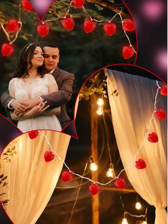 SUNSGNE 8.5Ft Red Heart String Lights, Valentines Lights with 10 LED Red Heart Bulbs for Valentine Mother's Day Wedding Anniversary Party Christmas Decor