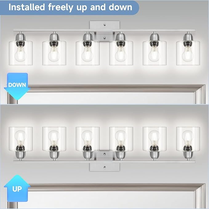 Modern Brushed Nickel 6 Light 38 inch Vanity Lights for Bathroom with Clear Glass, Vanity Light for Mirror Kitchen Living Room Hallway Cabinet Porch