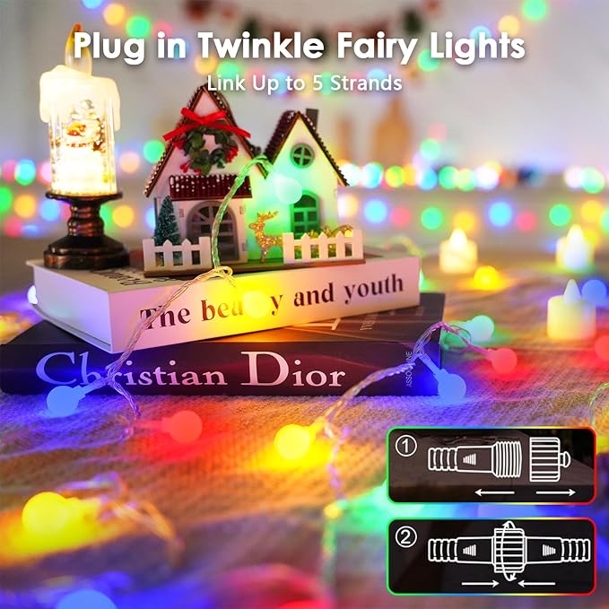 LORRYTE Connectable 100LED Globe String Lights Indoor Outdoor - 43FT Multicolor String Lights with Remote, 8 Modes Fairy Light Plug in Waterproof for Classroom Party Decorations Bedroom Decor