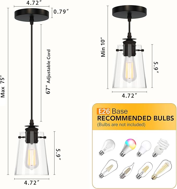 Pendant Lights Kitchen Island, Modern Industrial Pendant Light Fixtures with Glass Shade, E26 Socket Adjustable Cord for Dining Room, Bedroom, Living Room, Farmhouse Pendant Lighting 1Pcs