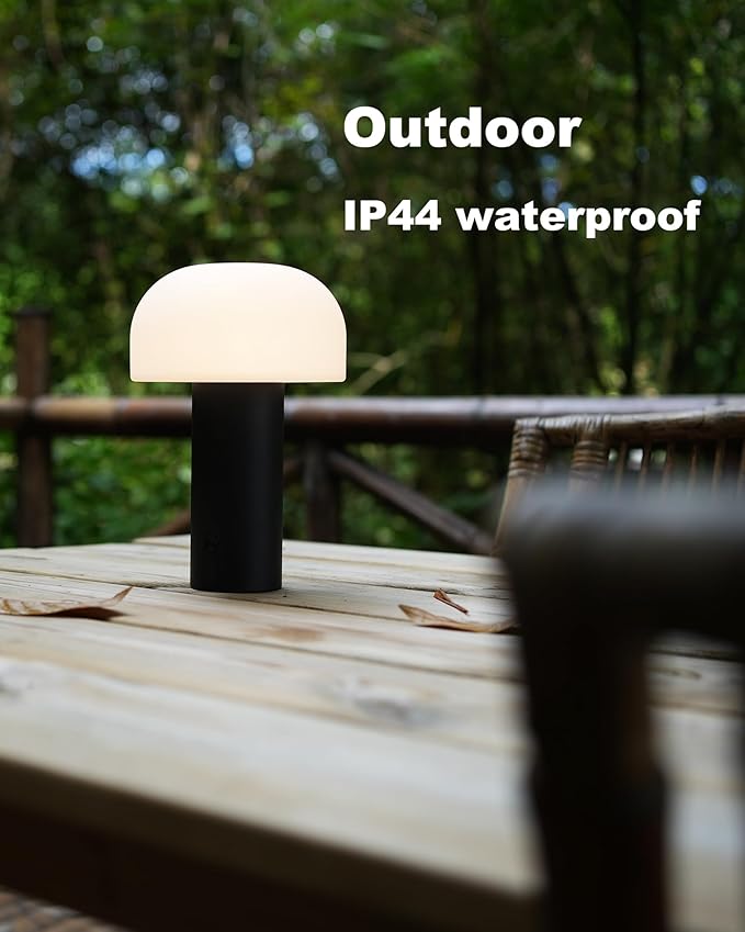 Outdoor Mushroom Table Lamp Rechargeable, Cordless Lamps for Patio Waterproof, Portable Battery Operated Lamp with USB Charging, Touch Dimming Night Light for Home/Porch/Restaurant (Black)