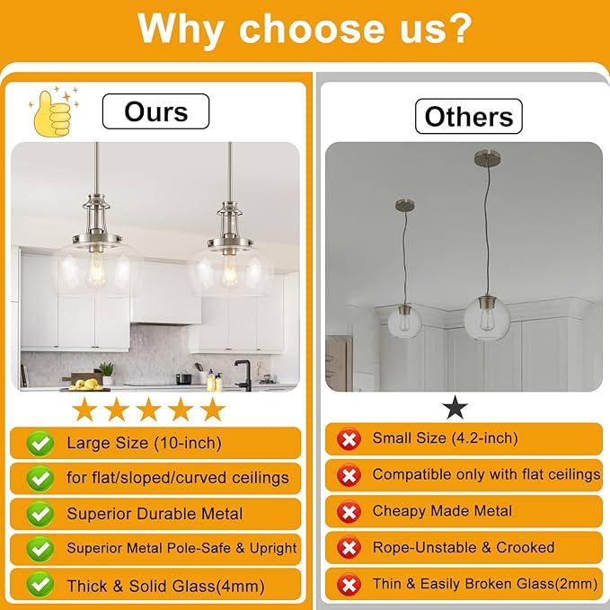 Modern Pendant Lights Kitchen Island, Brushed Nickel Pendant Light Fixtures with 10" Clear Glass Shade, Industrial Hanging Pendant Lights Fixture for Kitchen Island Dining Room Bedroom Foyer Entryway