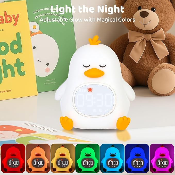 Sleepy Duck Alarm Clock with Night Light for Kids with Sleep Training and Sound Machine, Rechargeable Silicone Lamp OK to Wake Clock，Cute Animal Tabletop Lamp, Perfect Sleep Companion for Boys Girls