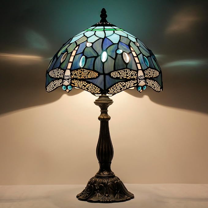 Tiffany Lamp Touch Control Table Lamp Blue Stained Glass Desk Lamp 12X12X19 Inches Dragonfly Style Reading Light