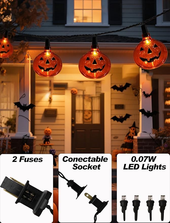 8.5Ft LED Halloween Lights Pumpkin String Lights with 10 Smiling Jack O Lantern Pumpkin Lights, Clear Orange Jack O Lantern for Home Party Yard Porch Indoor Outdoor Decor Halloween Decorations