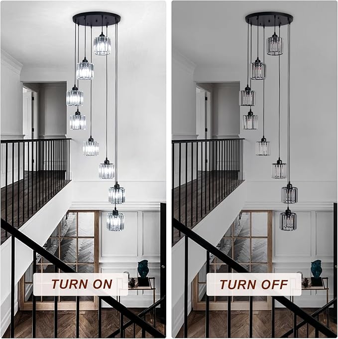 High Ceiling Long Pendant Light Fixtures Modern Crystal Hanging Chandeliers Flush Mount Ceiling Light for Spiral Staircase Entryway Foyer, Black (8-Lights)