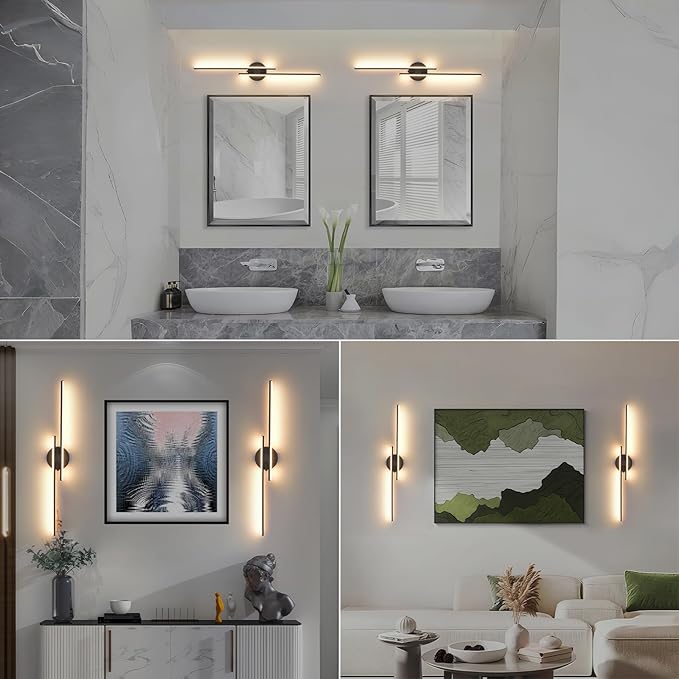 Rechargeable Battery Operated Wall Sconce Set Of Two, Black Wireless LED Wall Sconces With Remote Control, Dimmable 3 Colors Cordless wall lights for Living Room, bedroom, Hallway, 31.4 Inch ( 2pcs)