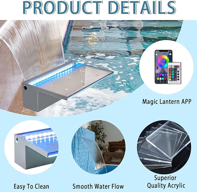 12'' APP Control Pool Waterfall Spillway Acrylic Pond Fountain with RGB LED Lights, Fountain Set for Outdoor Decorations, Koi Pond Swimming Pool w/16 Color Changing Spillway for Sheer Descent