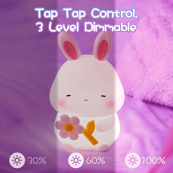 Bunny Night Light for Kids, 3 Level Dimmable Rabbit Nursery Nightlight, 1200mAh Soft Silicone Bedside Touch Lamps, Cute Rechargeable Easter Bunny Gifts for Baby Toddler Girls Boys Room Decor