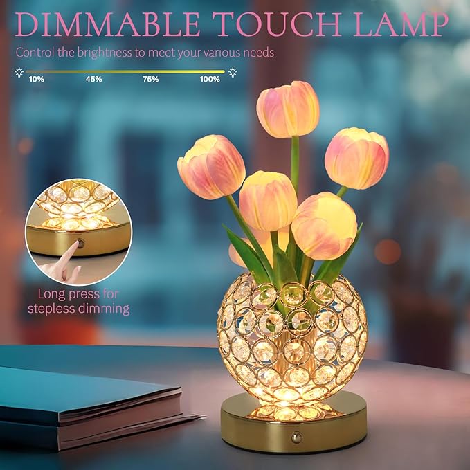 Tulip Flower Lamps, 3 Colors Touch Stepless Dimming Crystal Night Light, Rechargeable Artificial Flower Light, LED Flower with Vase Lamp Romantic Decor for Date Party Home (Tulip1 - Pink)