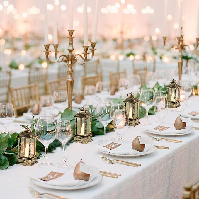 Vintage Lanterns Decorative Indoor: 24 Pcs Brass Mini Lanterns for Wedding Table Centerpieces Small Battery Powered Led Lights Bulk for Party Christmas