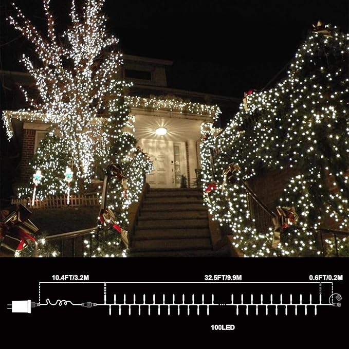 LAMPHOME White Christmas Mini Lights, 32.5FT 100 LED Clear Bulbs String Lights with 16 Light Modes, Fairy Lights Plug in for Outdoor Xmas Trees Garland Wreath Holiday Decorations