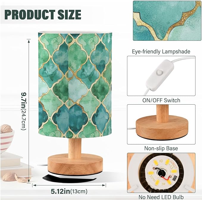 Teal Green and Gold Moroccan Tile Bedside Table Lamps with USB Port for Bedroom Lamp Table Lamp Small Nightstand Lamp Sturdy Linen Shade Wooden Decorative Lamps for Home Dorm Office Living Room