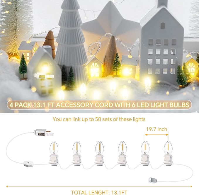 Meonum 4 Pack Accessory Cord with 6 LED Light Bulbs 13.1 FT Lamp White Cord C7 Bulb String Lights End-to-End Connectable On/Off Switch Plugs for Christmas Village Craft Halloween Ceramic Decor ()